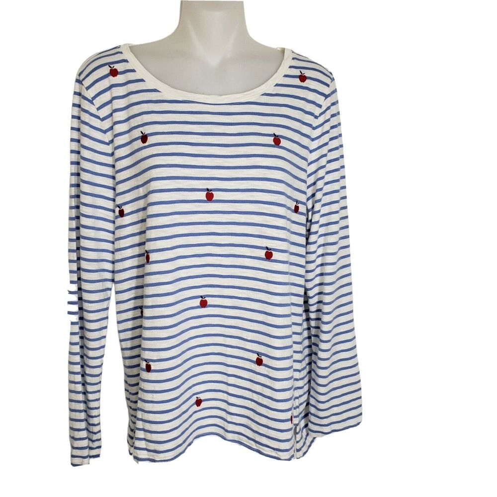 Talbots Women Top Large Blue White Striped Embroidered Apple Teacher Long Sleeve